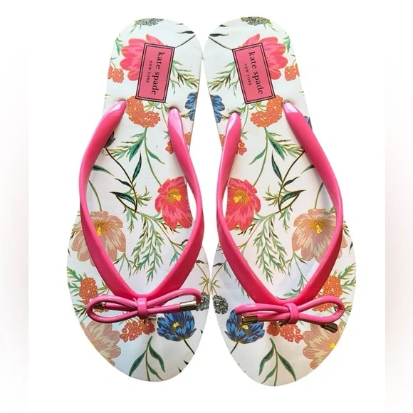 NWOT Kate Spade Pink Floral/Bow Women's Flip Flops Size 7-8 - Picture 2 of 6